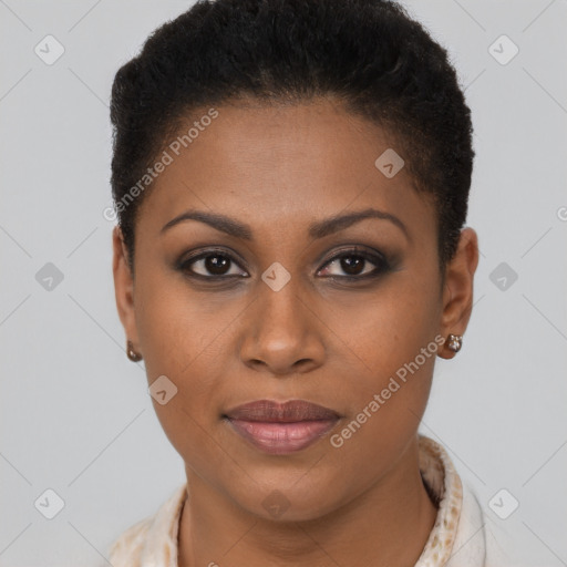 Joyful black young-adult female with short  brown hair and brown eyes