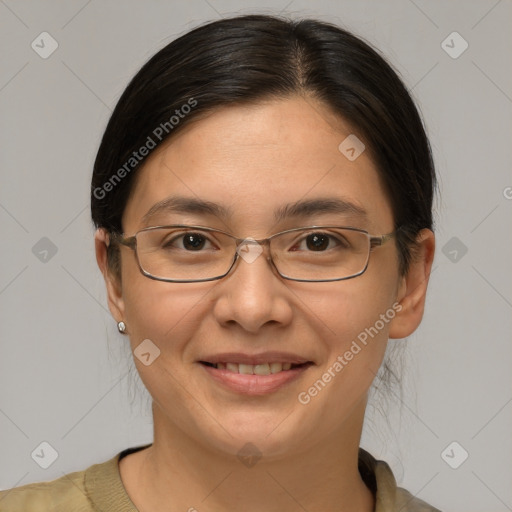 Joyful white adult female with short  brown hair and brown eyes