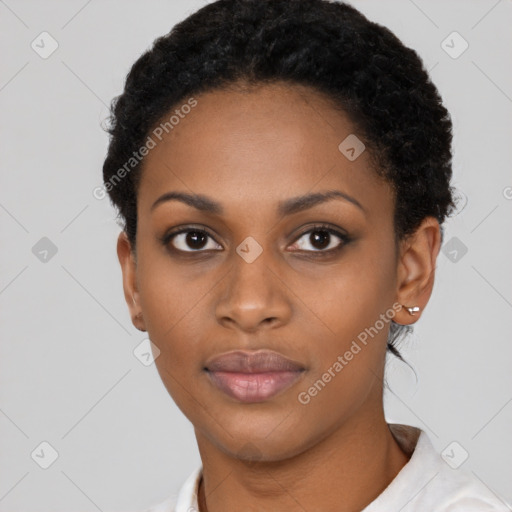 Neutral black young-adult female with short  black hair and brown eyes