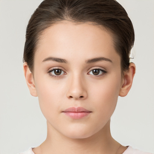 Neutral white young-adult female with short  brown hair and brown eyes