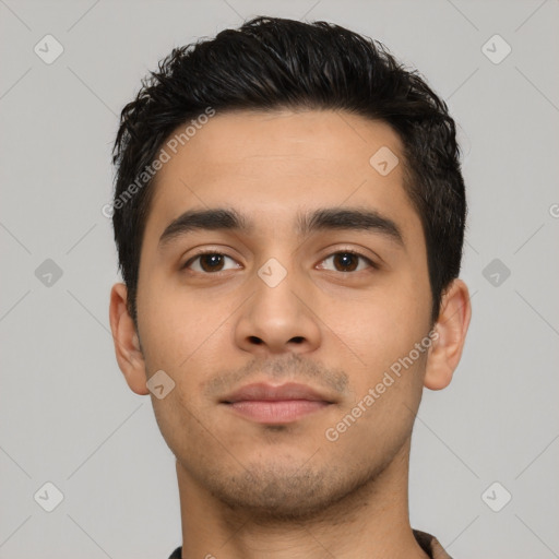 Neutral latino young-adult male with short  black hair and brown eyes