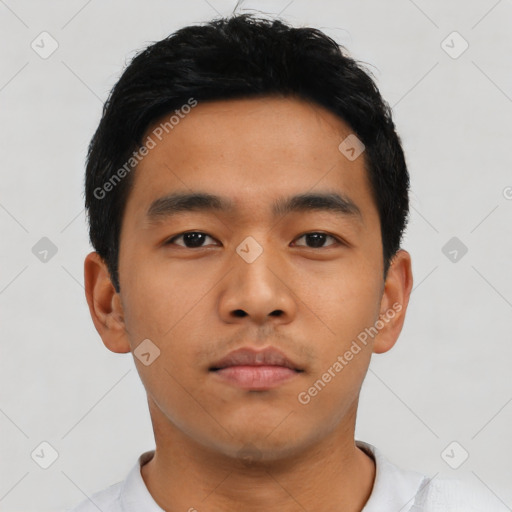 Neutral asian young-adult male with short  black hair and brown eyes