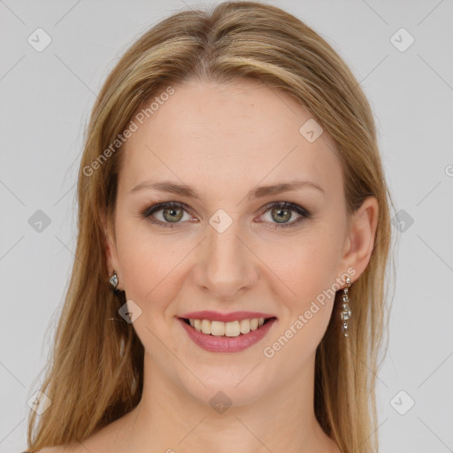 Joyful white young-adult female with long  brown hair and green eyes