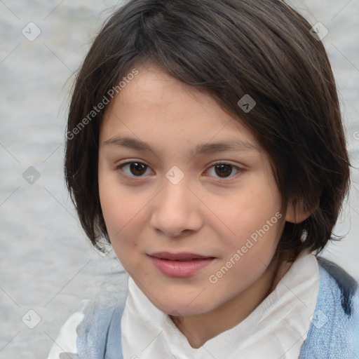 Joyful white child female with medium  brown hair and brown eyes