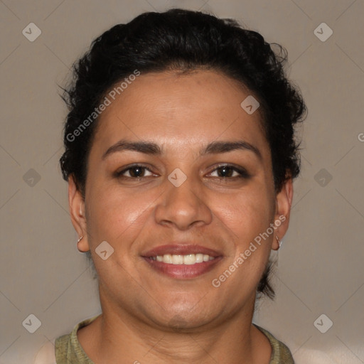 Joyful latino young-adult female with short  brown hair and brown eyes