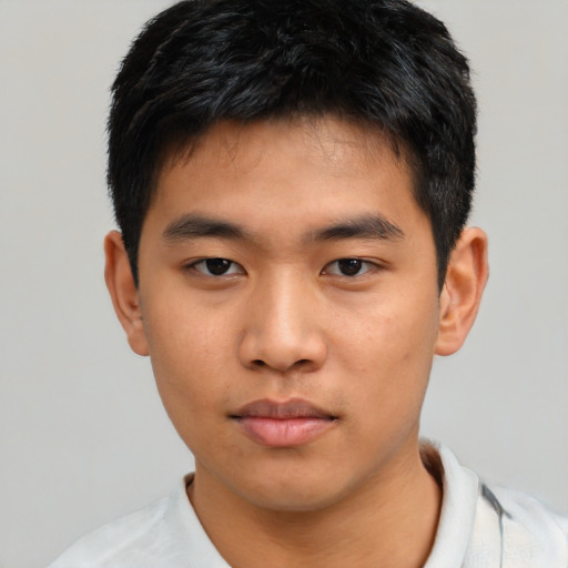 Neutral asian young-adult male with short  black hair and brown eyes