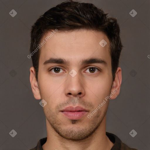 Neutral white young-adult male with short  brown hair and brown eyes