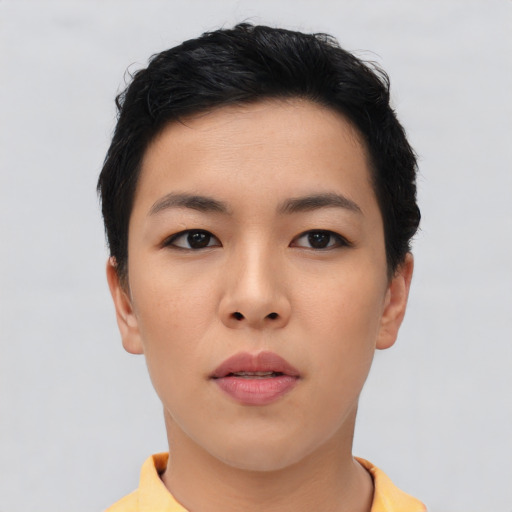 Neutral asian young-adult female with short  black hair and brown eyes