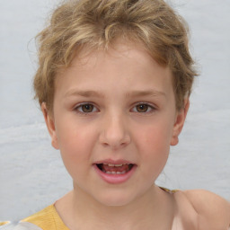 Joyful white child female with short  brown hair and brown eyes