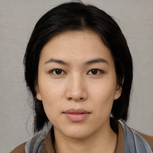 Neutral asian young-adult female with long  black hair and brown eyes