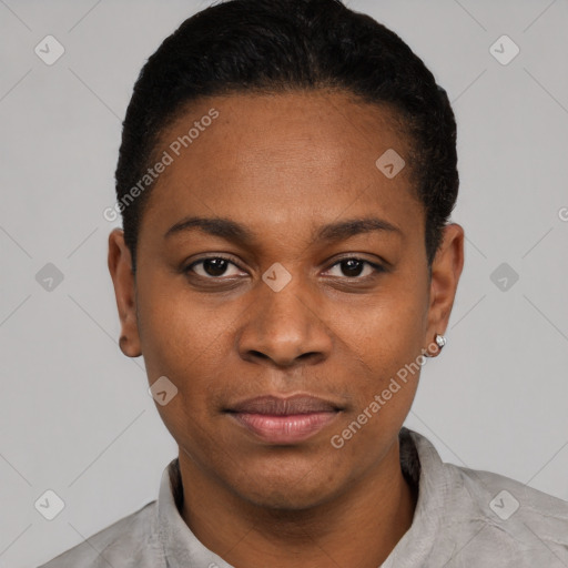 Joyful black young-adult female with short  black hair and brown eyes