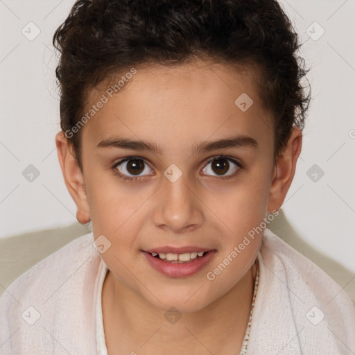 Joyful white child female with short  brown hair and brown eyes