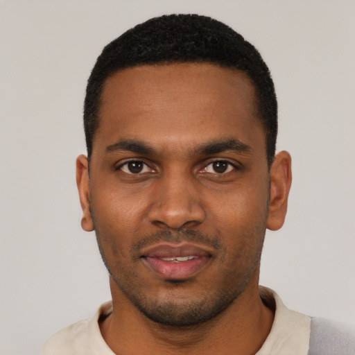 Neutral black young-adult male with short  black hair and brown eyes