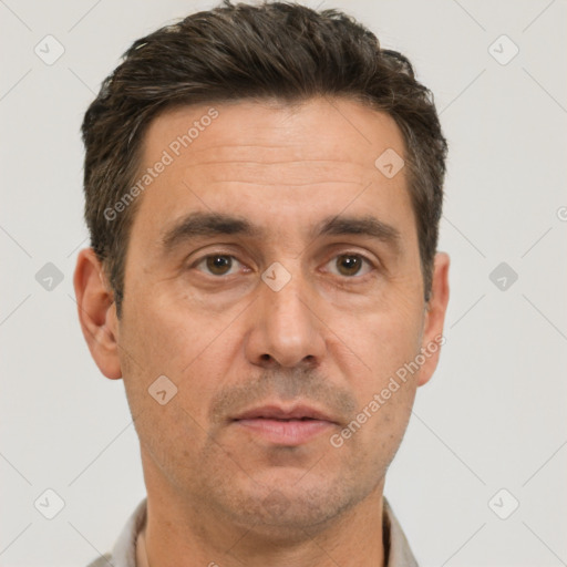 Neutral white adult male with short  brown hair and brown eyes