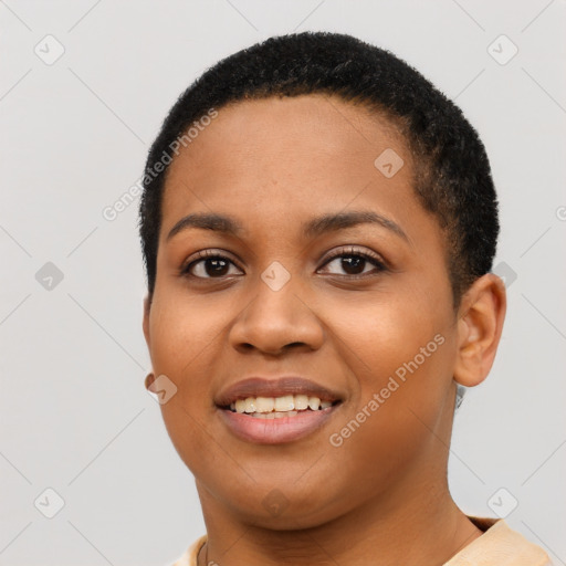 Joyful latino young-adult female with short  black hair and brown eyes