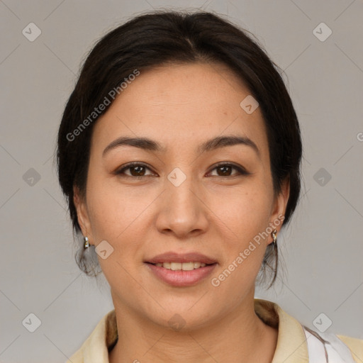 Joyful latino young-adult female with medium  brown hair and brown eyes