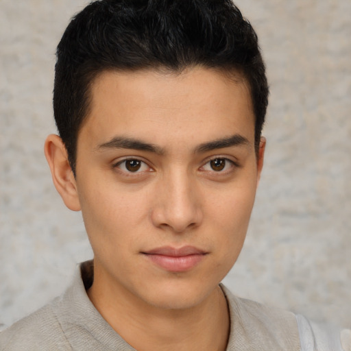 Neutral asian young-adult male with short  brown hair and brown eyes