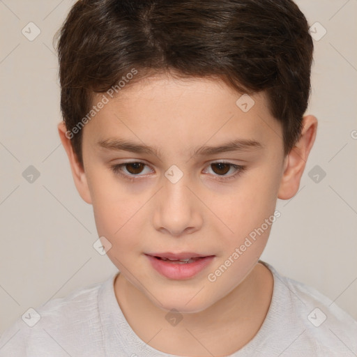 Joyful white child female with short  brown hair and brown eyes