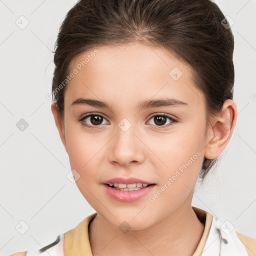 Joyful white child female with short  brown hair and brown eyes