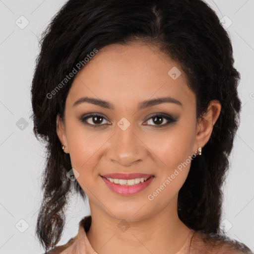Joyful latino young-adult female with long  brown hair and brown eyes