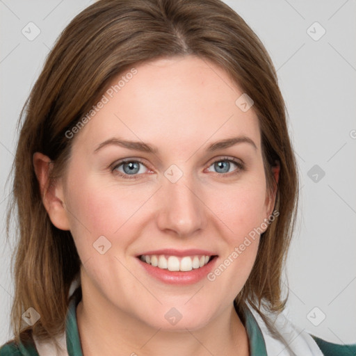 Joyful white young-adult female with medium  brown hair and blue eyes