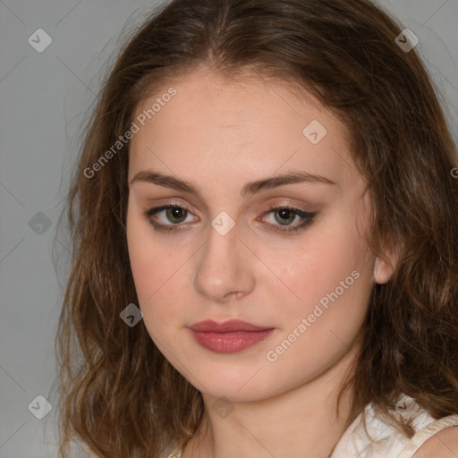 Neutral white young-adult female with medium  brown hair and brown eyes