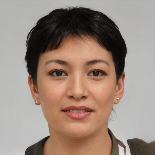 Joyful asian young-adult female with short  brown hair and brown eyes