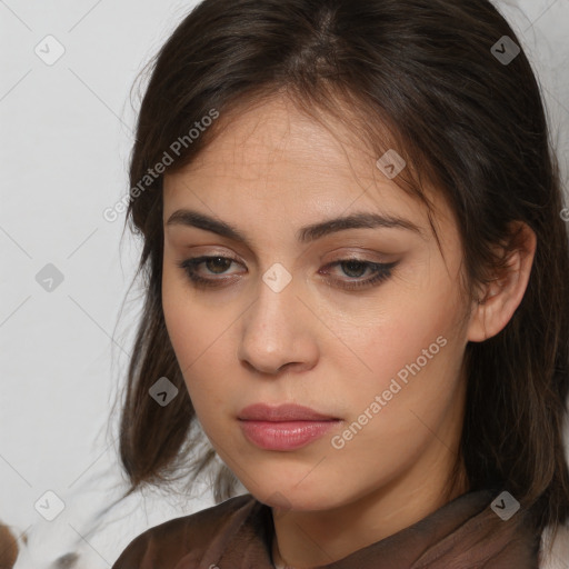 Neutral white young-adult female with medium  brown hair and brown eyes