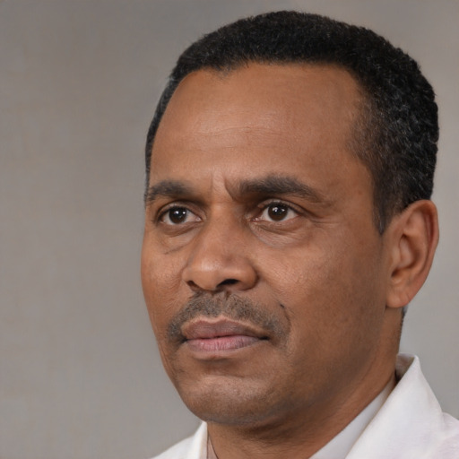Neutral black adult male with short  black hair and brown eyes