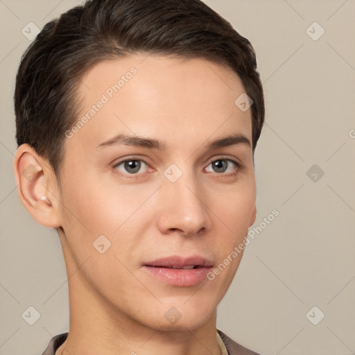 Neutral white young-adult male with short  brown hair and brown eyes