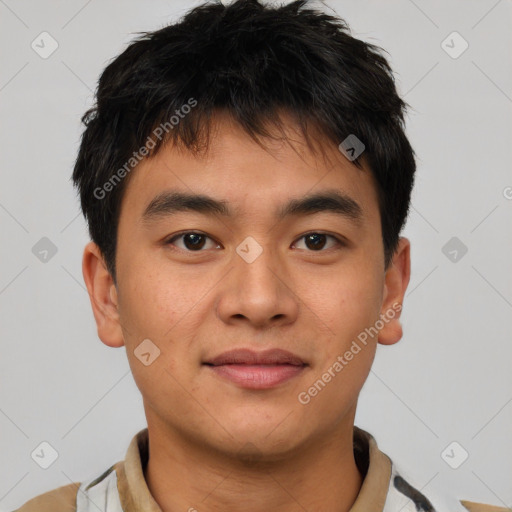 Neutral asian young-adult male with short  brown hair and brown eyes