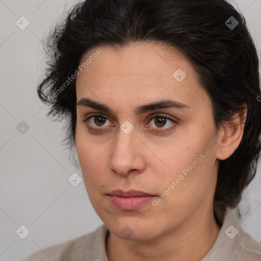 Neutral white young-adult female with medium  brown hair and brown eyes