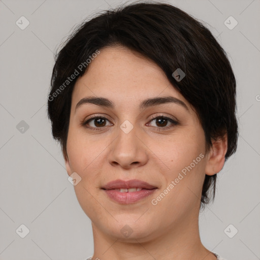 Joyful white young-adult female with short  brown hair and brown eyes