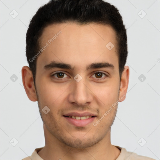 Joyful white young-adult male with short  brown hair and brown eyes