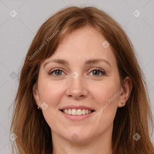 Joyful white young-adult female with long  brown hair and grey eyes