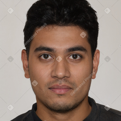Neutral latino young-adult male with short  black hair and brown eyes