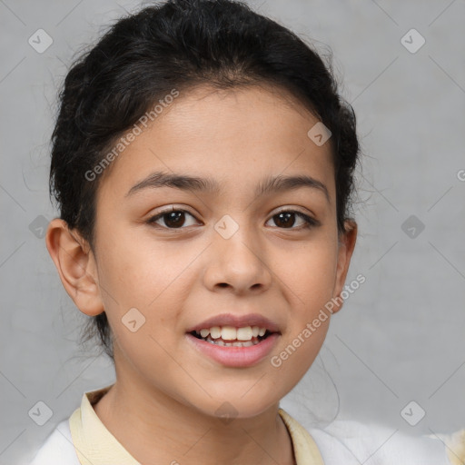 Joyful white child female with short  brown hair and brown eyes