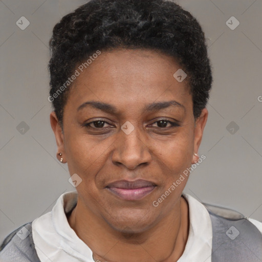 Joyful black adult female with short  brown hair and brown eyes