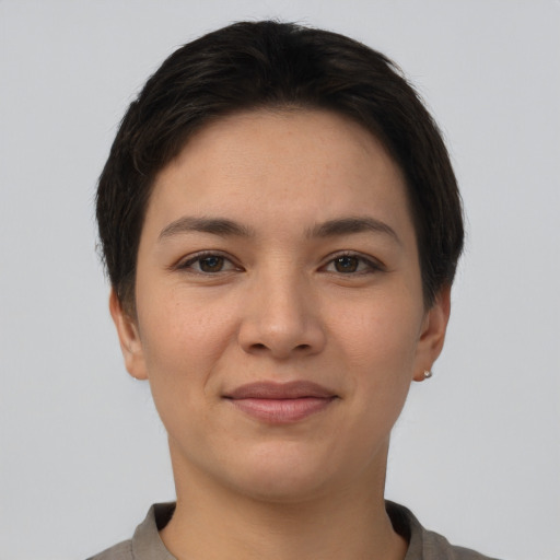 Joyful asian young-adult female with short  brown hair and brown eyes