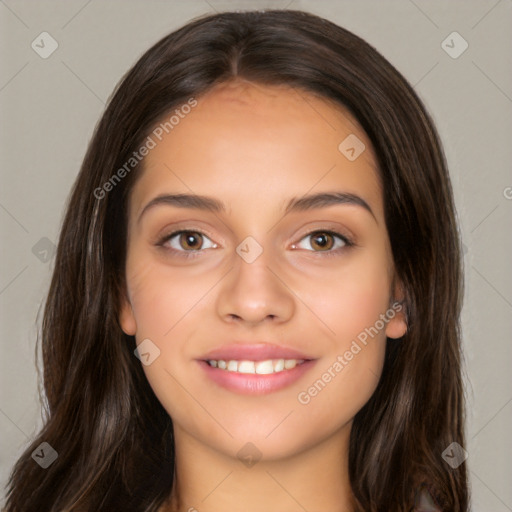 Joyful white young-adult female with long  brown hair and brown eyes