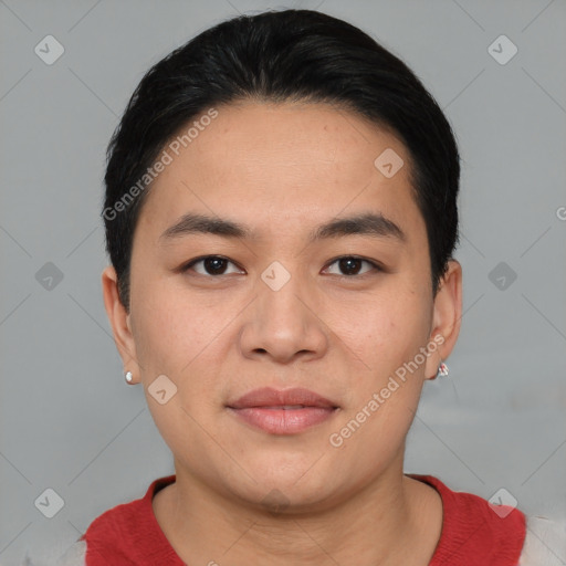 Joyful asian young-adult male with short  black hair and brown eyes