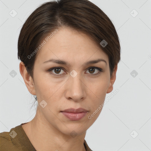 Neutral white young-adult female with short  brown hair and brown eyes