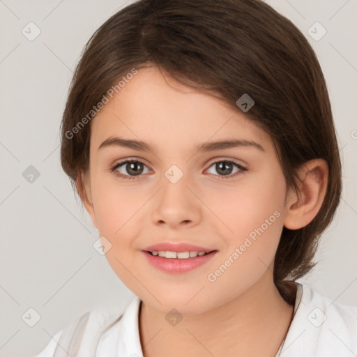 Joyful white child female with medium  brown hair and brown eyes