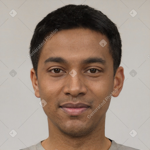 Neutral latino young-adult male with short  black hair and brown eyes