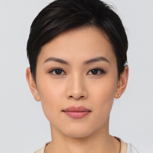 Neutral asian young-adult female with short  brown hair and brown eyes