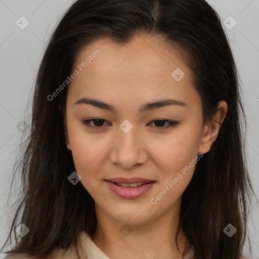 Joyful asian young-adult female with long  brown hair and brown eyes