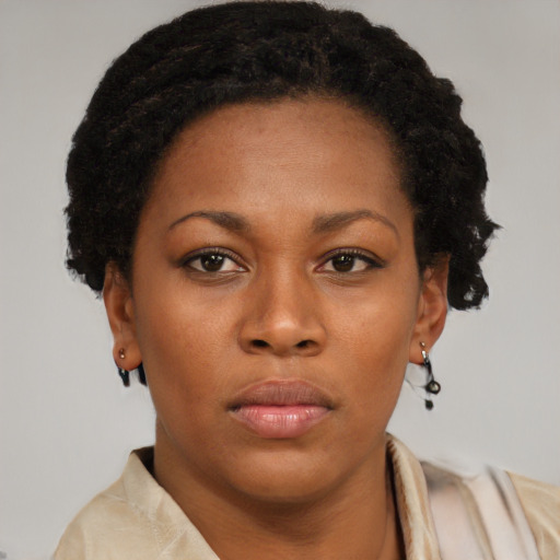 Neutral black young-adult female with short  brown hair and brown eyes