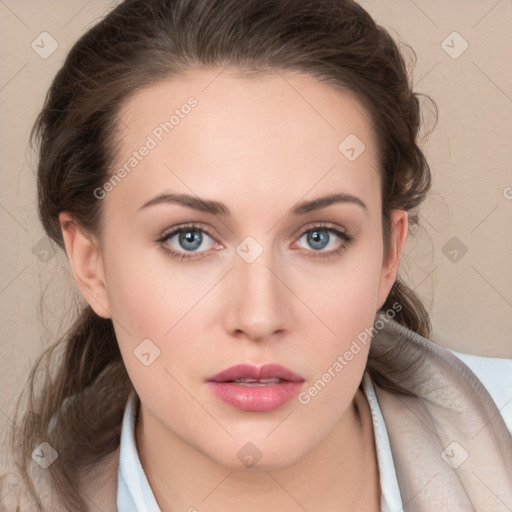 Neutral white young-adult female with long  brown hair and blue eyes