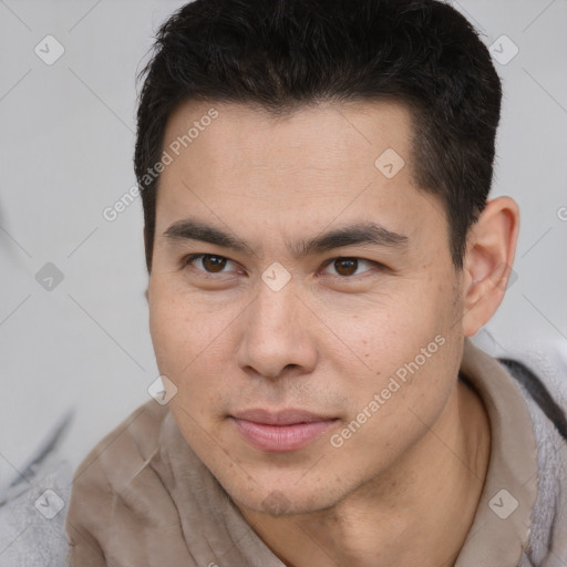 Neutral asian young-adult male with short  brown hair and brown eyes