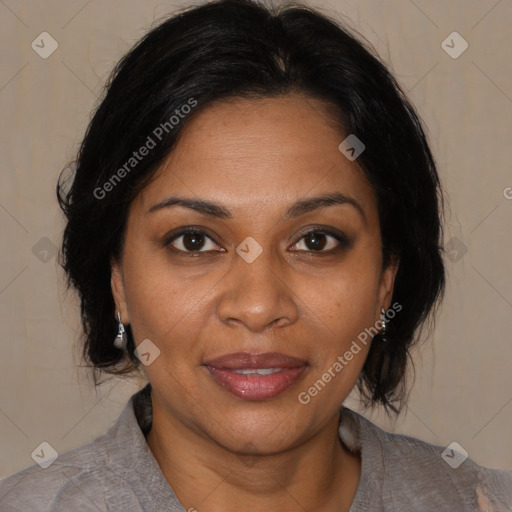 Joyful black adult female with medium  brown hair and brown eyes